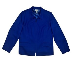 Talbots Womens 16 Petite Wool Blazer Jacket Navy Blue Zip Front Career